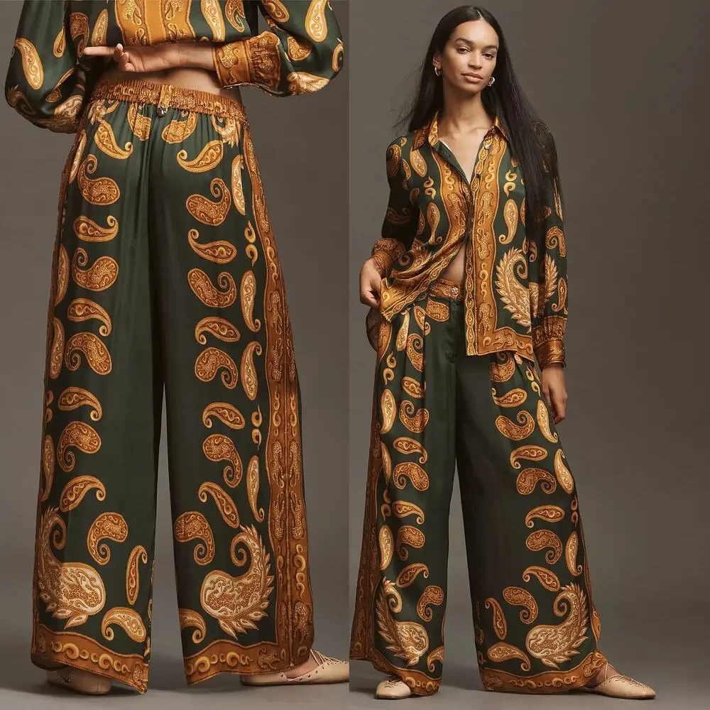 NWT Anthropologie Farm Rio Printed Wide Leg Green Gold Cheetah Satin Pants Med - Picture 1 of 15